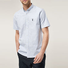 Load image into Gallery viewer, Blue Stripe Slim Fit Short Sleeve Stretch Oxford Shirt - Allsport
