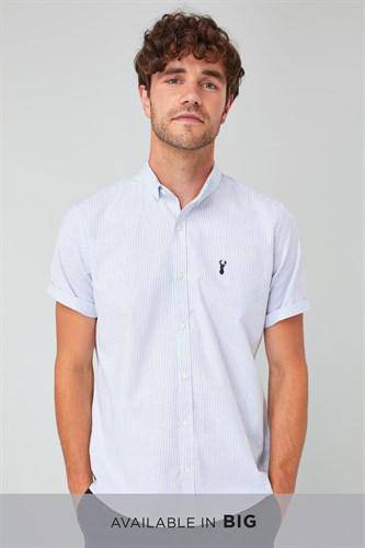 Blue White Slim Fit Short Sleeve Stretch Oxford Shirt - Allsport