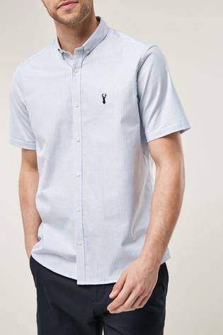 White/ Blue Slim Fit Short Sleeve Stretch Oxford Shirt - Allsport