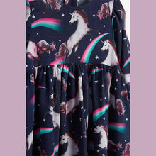 Load image into Gallery viewer, Navy Unicorn Printed Volume Sleeve Dress (3mths-6yrs) - Allsport
