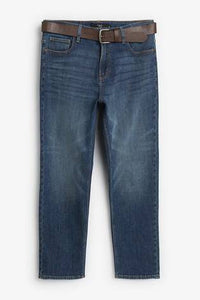 Mid Blue Stright Fit Belted Jeans With Stretch - Allsport