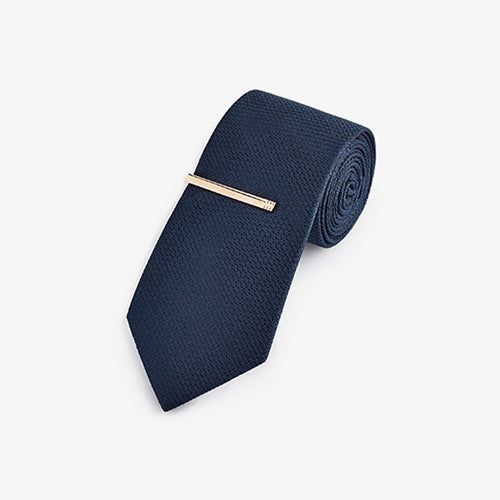 Navy Blue Regular  Textured Tie With Tie Clip - Allsport