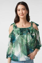 Load image into Gallery viewer, White Palm Print Tie Cold Shoulder Top - Allsport

