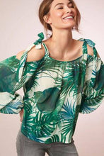 Load image into Gallery viewer, White Palm Print Tie Cold Shoulder Top - Allsport
