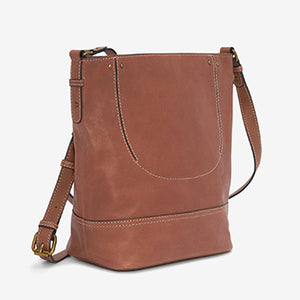 Tan Brown Leather Stitch Detail Bucket Bag