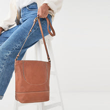 Load image into Gallery viewer, Tan Brown Leather Stitch Detail Bucket Bag
