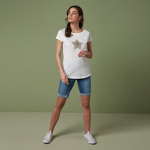 Embellished Star White Curved Hem T-Shirt - Allsport