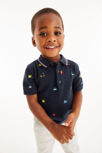 Navy Embroidered Knitted Polo (3mths-6yrs) - Allsport