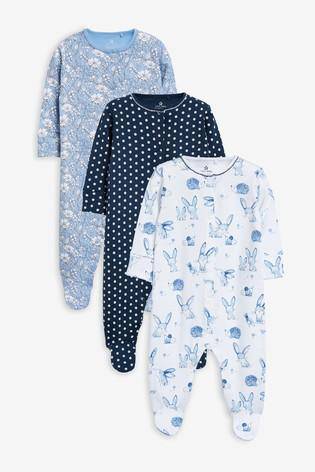 Navy 3 Pack Rabbit Sleepsuits  (up to 18 months) - Allsport