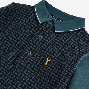 Teal Blue Dogtooth Pattern Long Sleeve Knitted Polo Shirt (3-12yrs) - Allsport