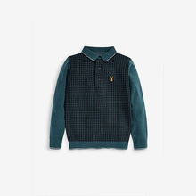 Load image into Gallery viewer, Teal Blue Dogtooth Pattern Long Sleeve Knitted Polo Shirt (3-12yrs) - Allsport
