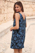 Load image into Gallery viewer, Linen Blend Shift Blue Floral Dress - Allsport
