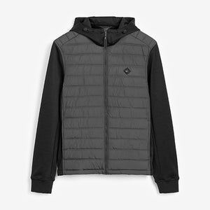 Black Jersey Sleeve Quilted Hooded Jacket - Allsport