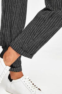 Black Stripe Linen Blend Tapered Trousers - Allsport