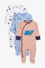 Load image into Gallery viewer, Blue 3 Pack Stripe Whale Sleepsuits  (up to 18 months) - Allsport
