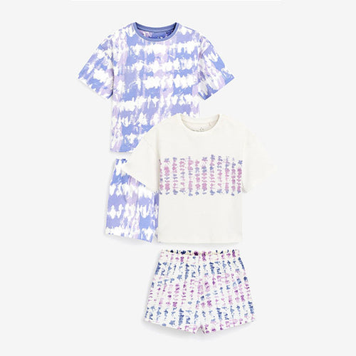 Blue/White Printed Tie Dye 2 Pack Cotton Jersey Slub Short Pyjamas (3-12yrs) - Allsport