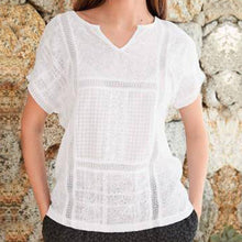 Load image into Gallery viewer, White Short Sleeves Broderie Notch Neck Top - Allsport
