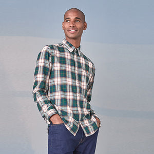 Green/ Ecru Cream Brushed Flannel Check Long Sleeve Shirt - Allsport