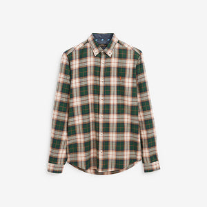 Green/ Ecru Cream Brushed Flannel Check Long Sleeve Shirt - Allsport