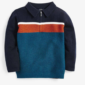 Teal Textured Knitted Colourblock Polo (3mths-5yrs) - Allsport