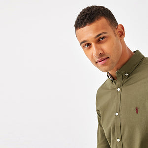 Olive Green Slim Fit Long Sleeve Stretch Oxford Shirt