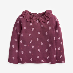 Purple Floral Brushed Broderie Collar Top (3mths-6yrs) - Allsport