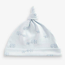 Load image into Gallery viewer, Blue 3 Pack Organic Cotton Elephant Tie Top Hats (0-6mths) - Allsport
