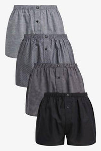 Black / Grey Pattern Woven Boxers Pure Cotton Four Pack - Allsport