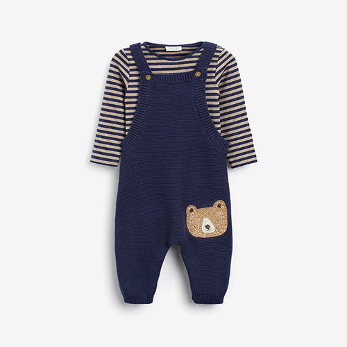 Navy Baby Knitted Bear Dungarees And Bodysuit Set (0mths-18mths) - Allsport