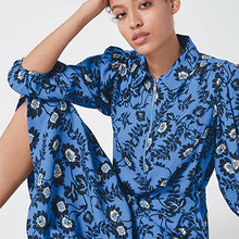 Load image into Gallery viewer, Blue Floral Zipped Midi Shirt Dress - Allsport
