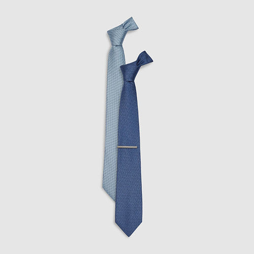 Blue Textured Ties 2 Pack With Tie Clip - Allsport