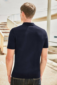 Navy Vertical Stripe Knitted Polo - Allsport