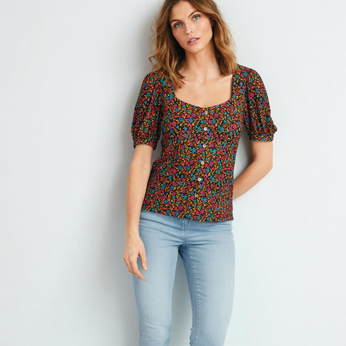 Multi Floral Button Front Short Sleeve Top - Allsport