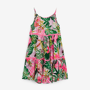 Pink/Green Palm Print Tiered Dress (3-12yrs) - Allsport