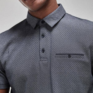 Navy Regular Fit Geometric Print Polo - Allsport