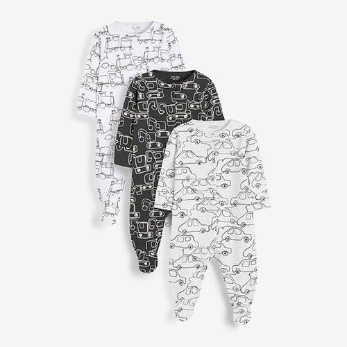Monochrome Cars 3 Pack Baby Sleepsuits (0-18mths) - Allsport