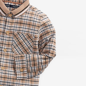 Tan/Brown Check Long Sleeve Oxford Shirt With Flat Knit Collar (3mths-5yrs) - Allsport