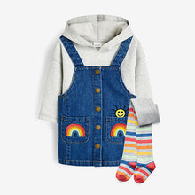 Load image into Gallery viewer, Denim Rainbow Pinafore, Hoodie And Tights Set (3mths-6yrs) - Allsport
