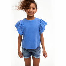 Load image into Gallery viewer, Blue Broderie Frill Sleeve Top (3-12yrs) - Allsport

