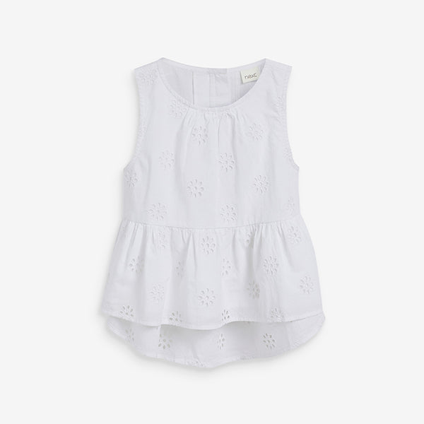 White Broderie Organic Cotton Peplum Blouse (3-12yrs) - Allsport