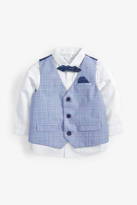 Blue Check Waistcoat, Shirt And Bow Tie Set - Allsport