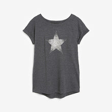 Load image into Gallery viewer, Embellished Star Charcoal Grey Curved Hem T-Shirt - Allsport
