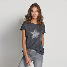 Load image into Gallery viewer, Embellished Star Charcoal Grey Curved Hem T-Shirt - Allsport
