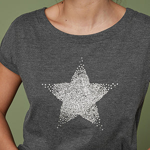 Embellished Star Charcoal Grey Curved Hem T-Shirt - Allsport
