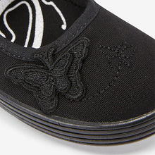 Load image into Gallery viewer, Black Butterfly Embroidered Plimsolls (Older Girls)
