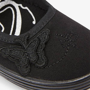 Black Butterfly Embroidered Plimsolls (Older) - Allsport