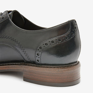 Black Leather Brogue Detail Lace-Up Shoes - Allsport
