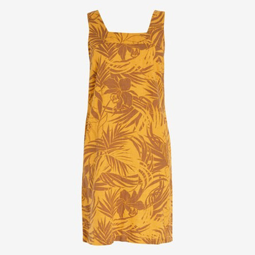 Ochre Yellow Floral Linen Blend Square Neck Dress - Allsport