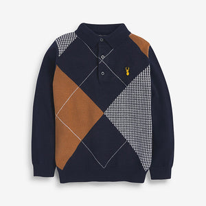 Navy Knitted Argyle Pattern Polo Shirt (3-12yrs) - Allsport