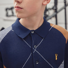 Load image into Gallery viewer, Navy Knitted Argyle Pattern Polo Shirt (3-12yrs) - Allsport
